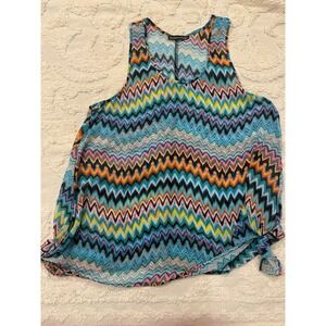Madison Paige Multicolor Herringbone Sleeveless Sheer Top Popover Colorful Large